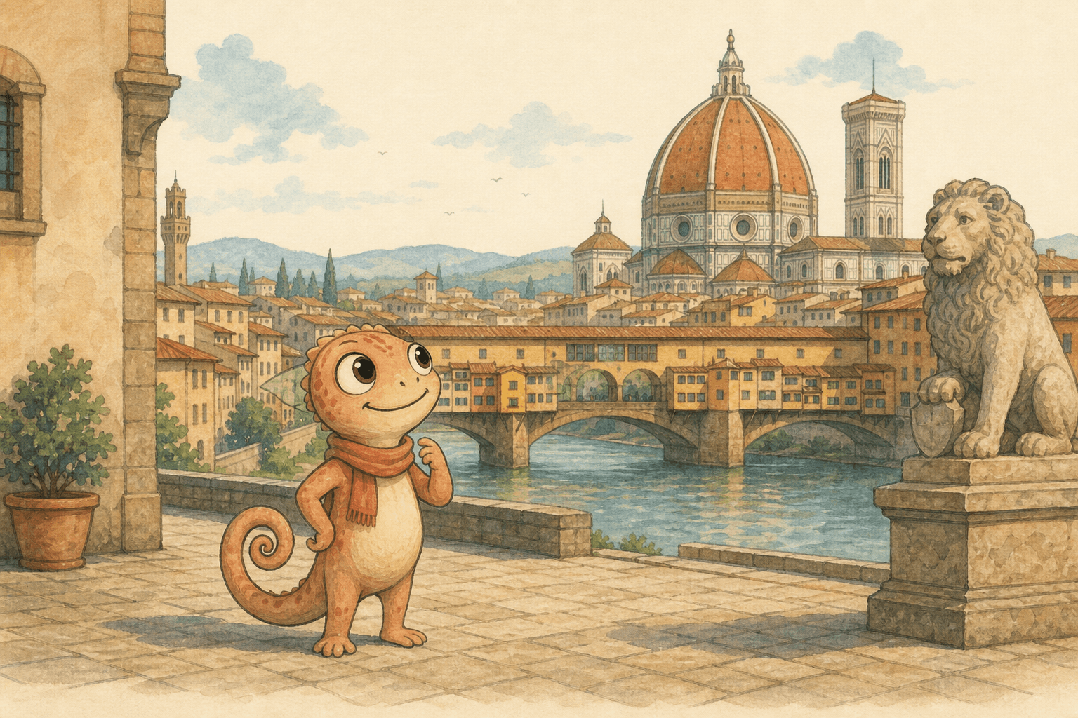 Lino blickt auf den Ponte Vecchio und die Kuppel des Doms von Florenz, neben ihm ein steinerner Löwe